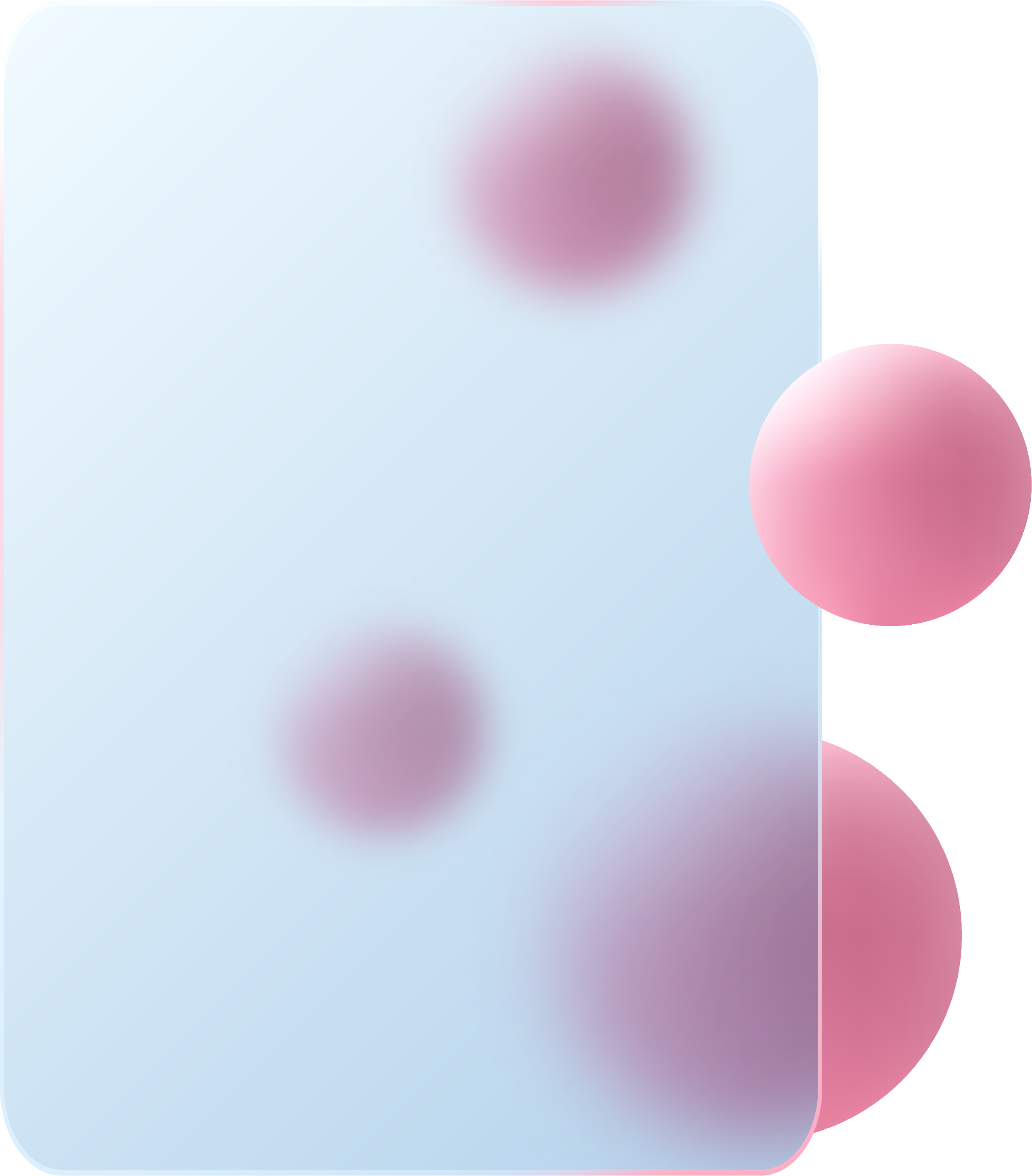 Abstract composition with a light blue semi-transparent rectangular block and three pink spheres, one partially outside the block, on a white background.
