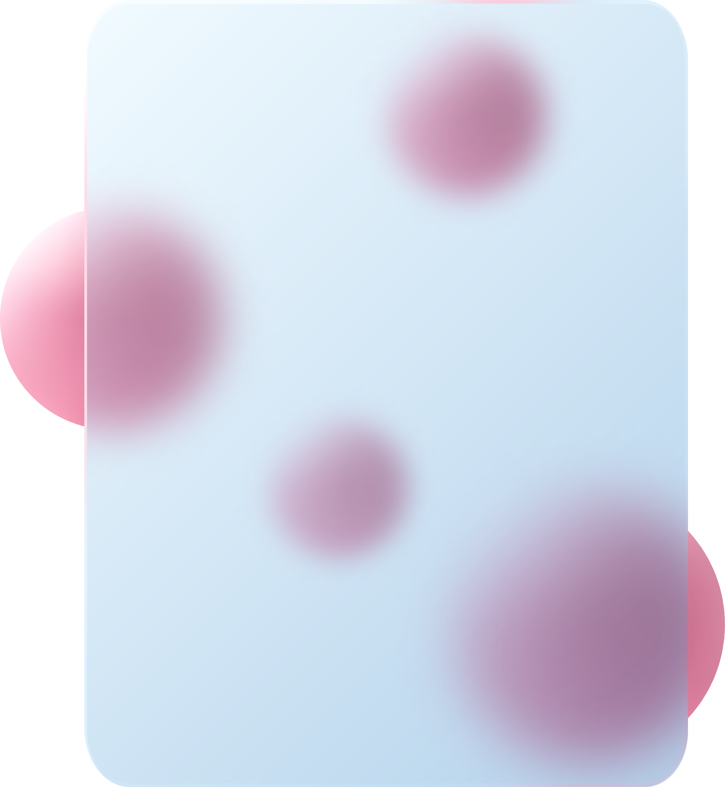 Blurred abstract image with pink and purple spheres on a light blue background.