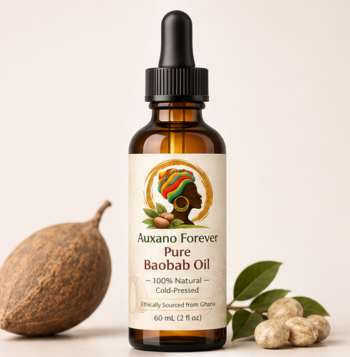 Bottle of Auxano Forever Pure Baobab Oil with a dropper cap, placed beside a whole baobab fruit and some leaves and nuts.