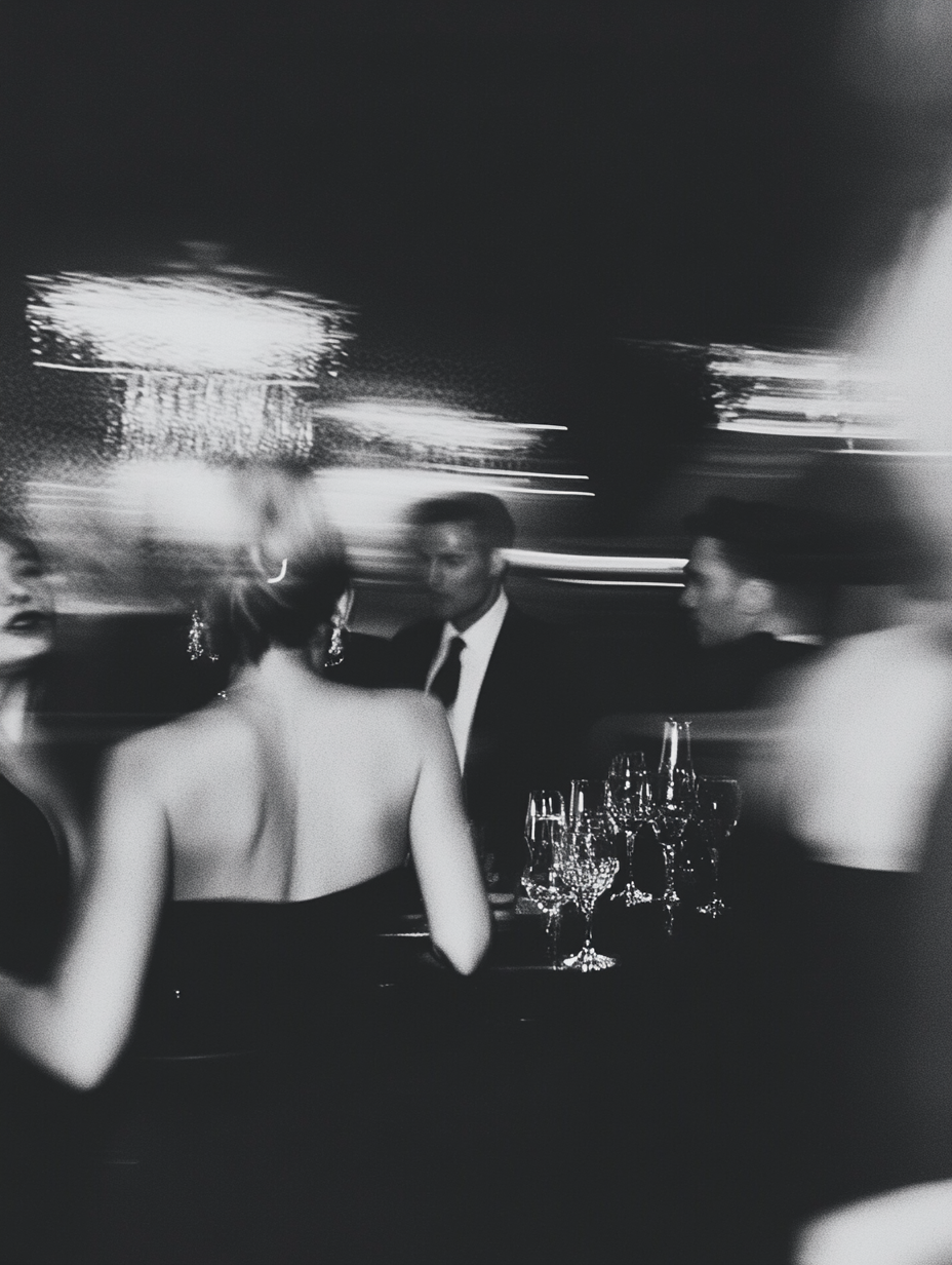 Black and white photo of elegantly dressed people at a party or celebration, with a woman in a strapless dress in the foreground and glasses on a table.
