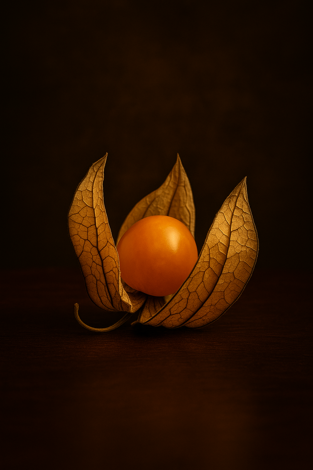 A yellowish-orange fruit, possibly a cape gooseberry, encased in dry, veined husk leaves against a dark background.