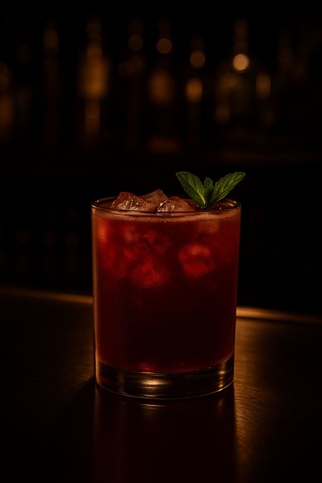 A glass of dark red cocktail with ice cubes and a green mint sprig garnish, set against a dark background