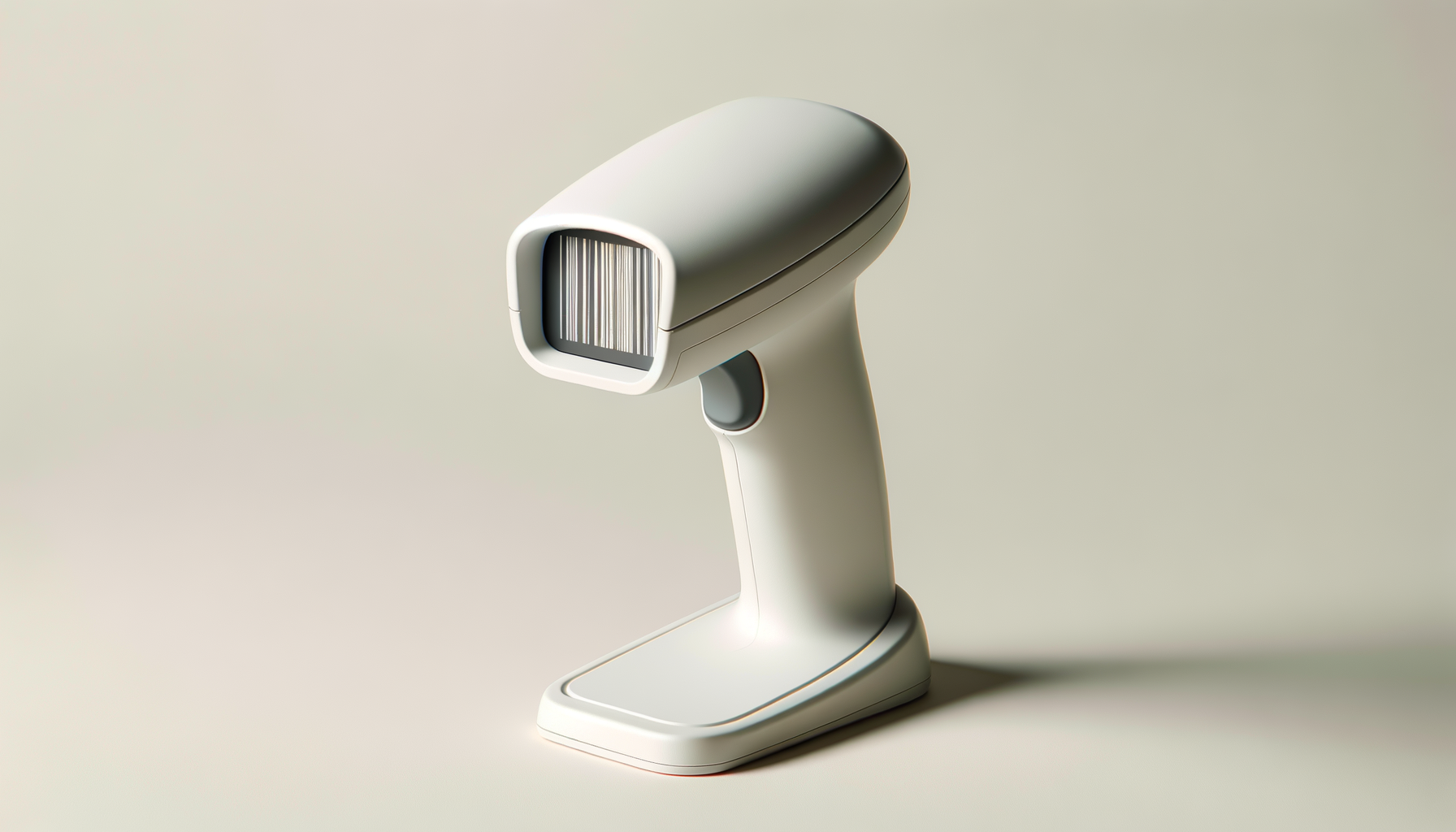A barcode scanner with a white and gray ergonomic design and a barcode displayed on its screen.
