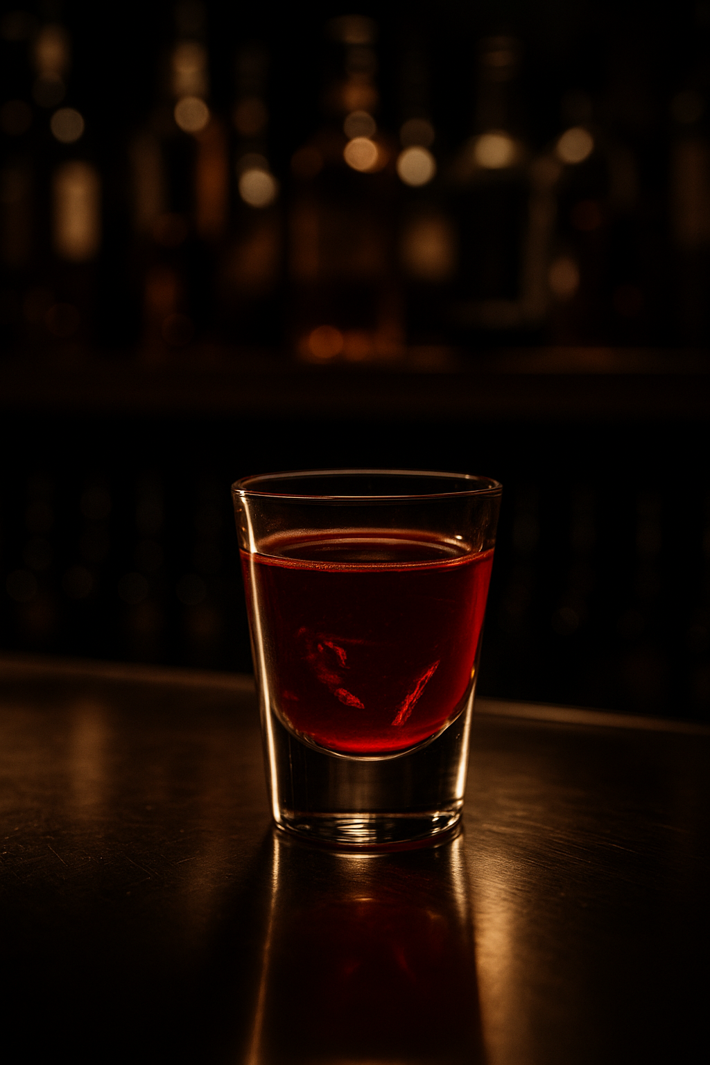 A glass of red beverage on a dark bar counter, with blurred bottles in the background.