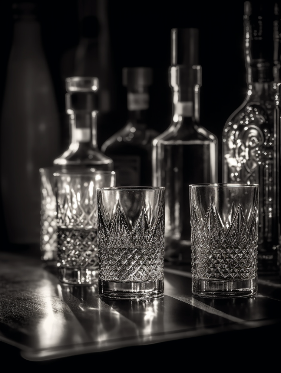 Two intricately patterned crystal glasses on a bar counter with blurred glass bottles in the background, black and white photo.