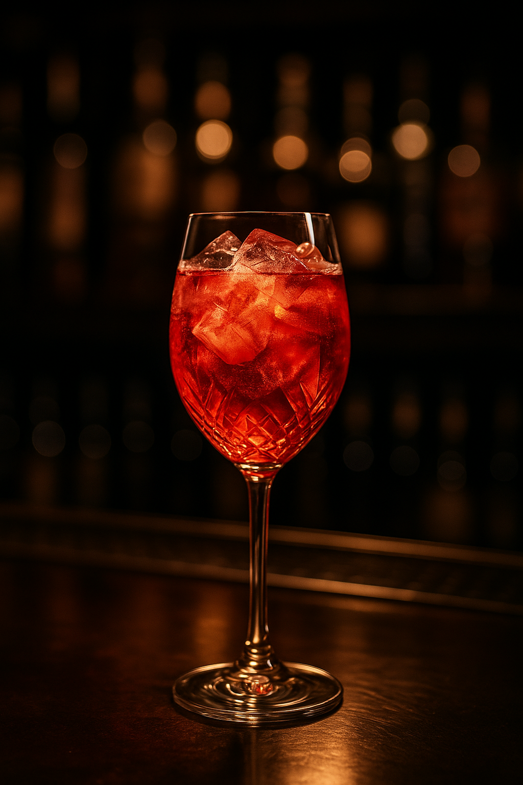 A tall, elegant glass filled with red cocktail and ice cubes, set against a dark, blurred background with warm bokeh lights.