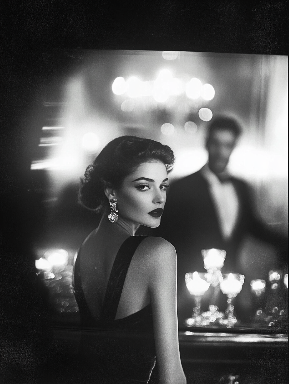 A black and white photo of a glamorous woman with dark hair and bold makeup sitting at a bar, with a man in a tuxedo in the background and blurred lights creating a vintage ambiance.