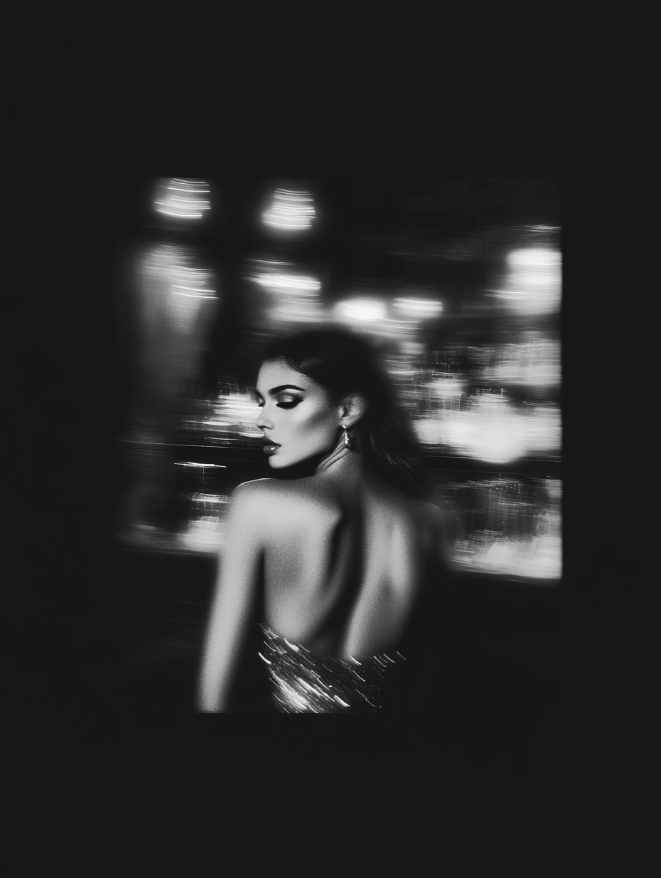 Black and white photo of a woman with dark hair and makeup, posing with her back to the camera and looking over her shoulder, with blurred city lights in the background.