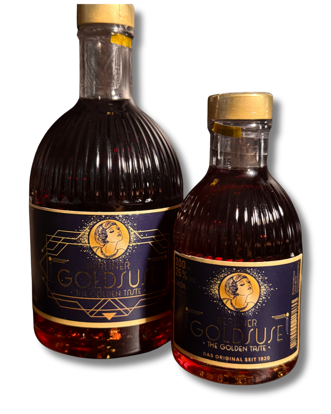 Two bottles of Berliner Goldsou alcohol with dark liquid, gold caps, blue labels featuring a woman's portrait, arranged against a black background.