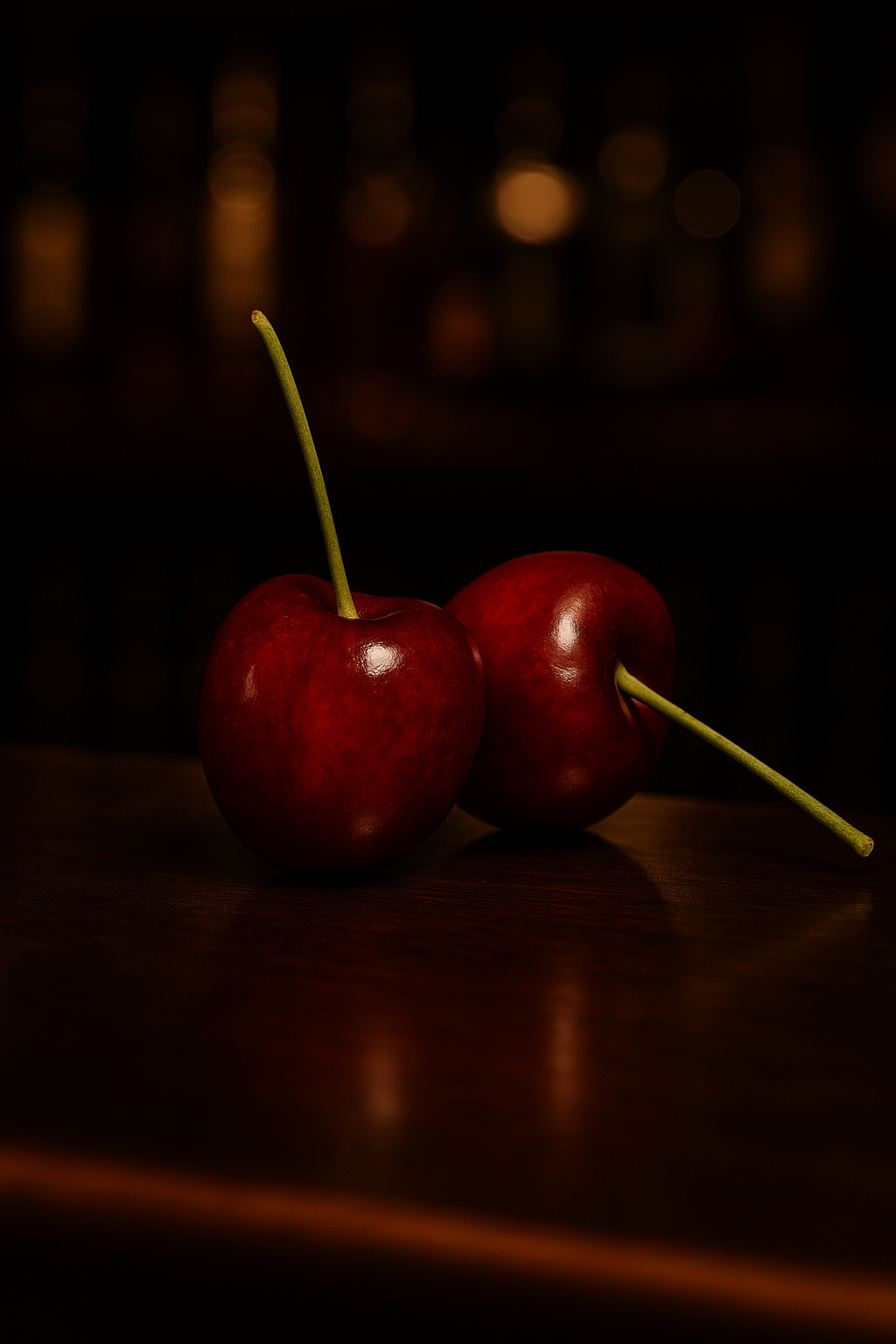 Two red cherries with green stems resting on a dark wooden surface, with blurred warm lights in the background.