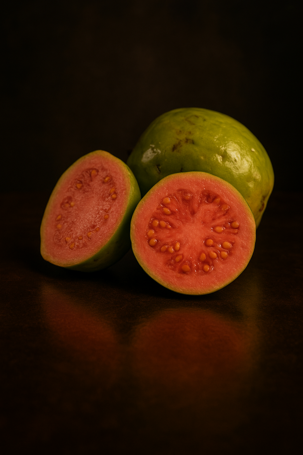 A whole green guava and two halves showing pink flesh and yellow seeds on a dark background.