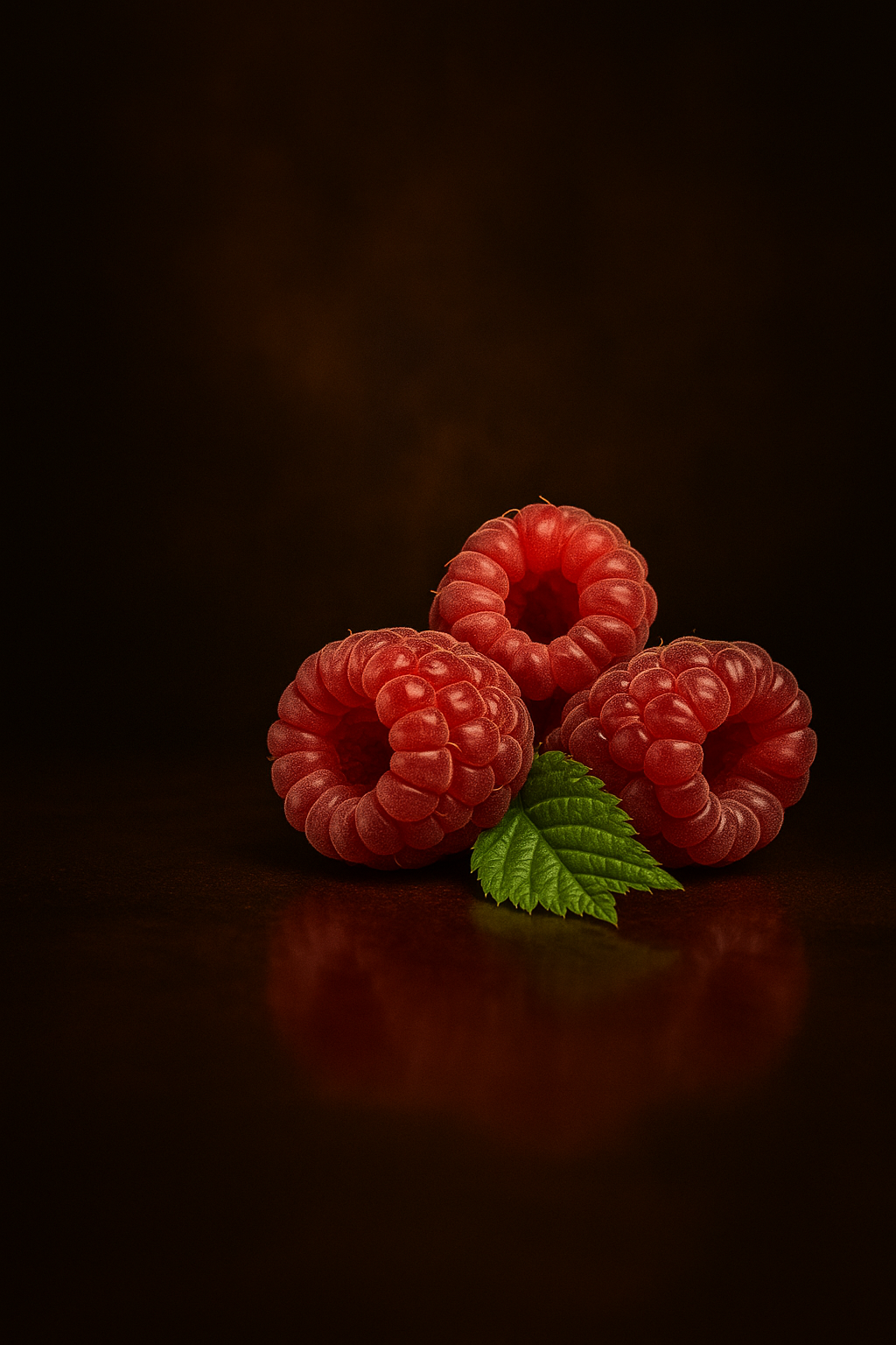 Three ripe raspberries with a green leaf on a dark background.