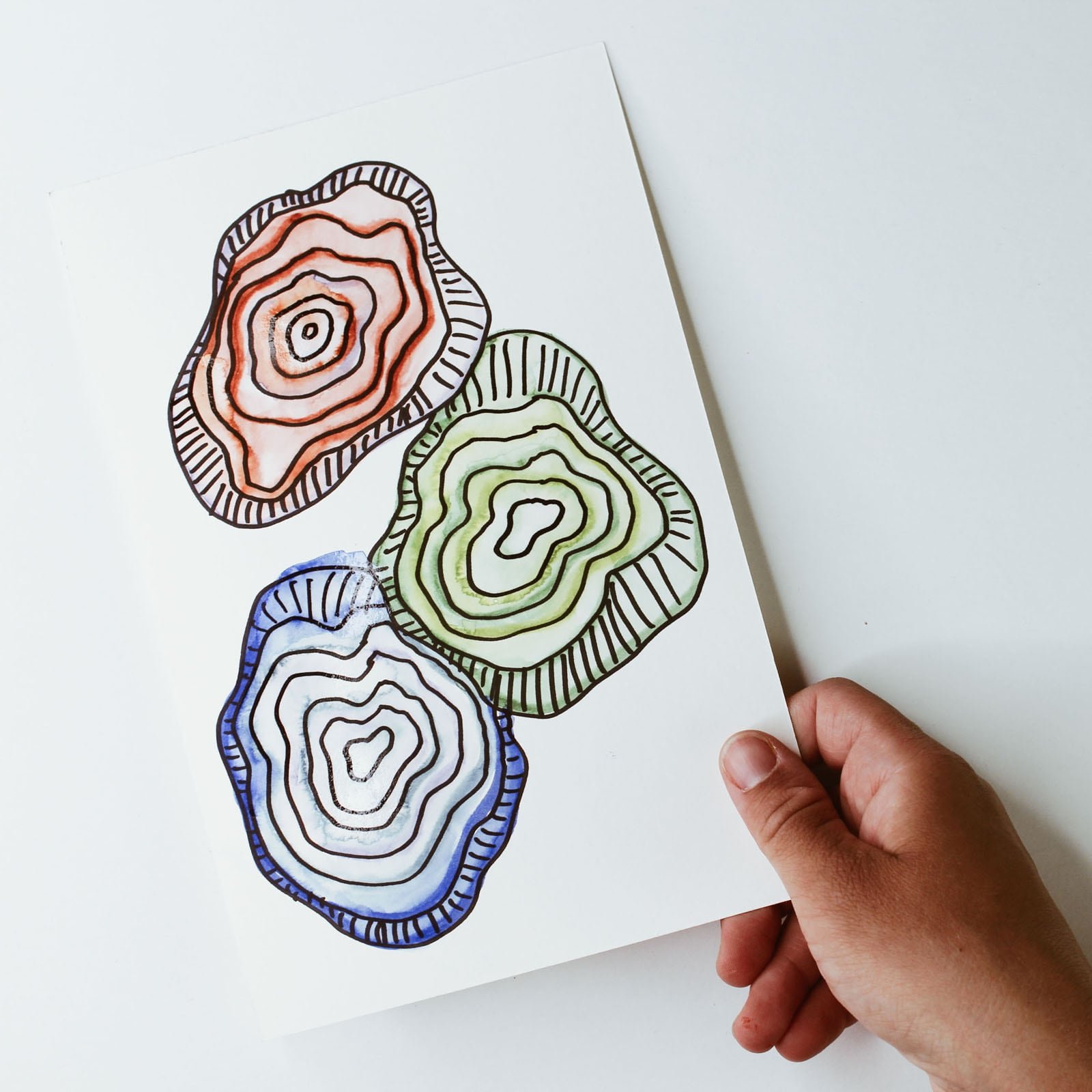 Completed tree ring painting using washable markers