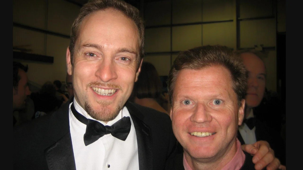 Actor Ian Prosser with Derren Brown at a function relating to Hero at 30000 feet with Derren Brown