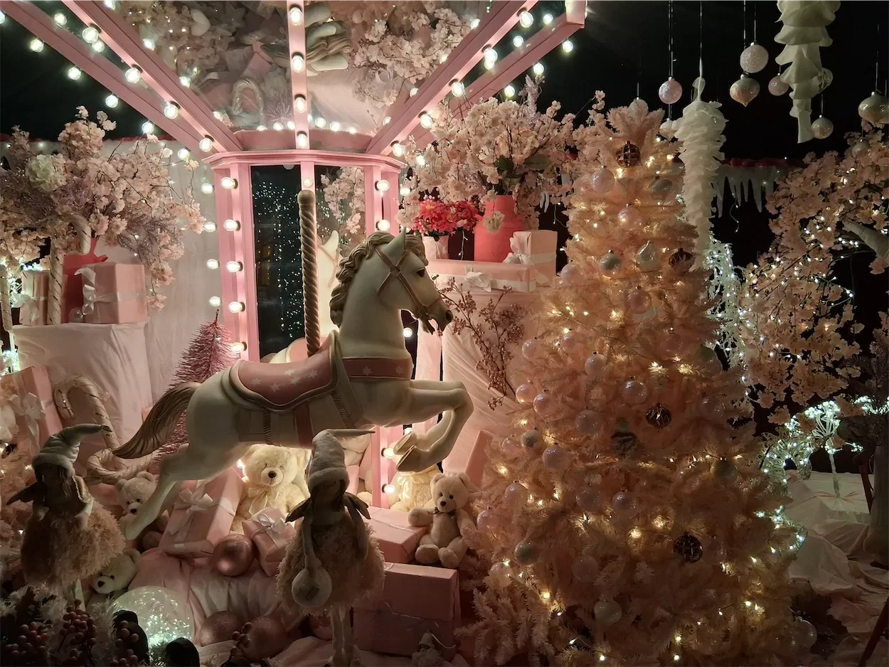 A view of the Santa set at Willow Activity Farm with numerous Xmas trees and lights