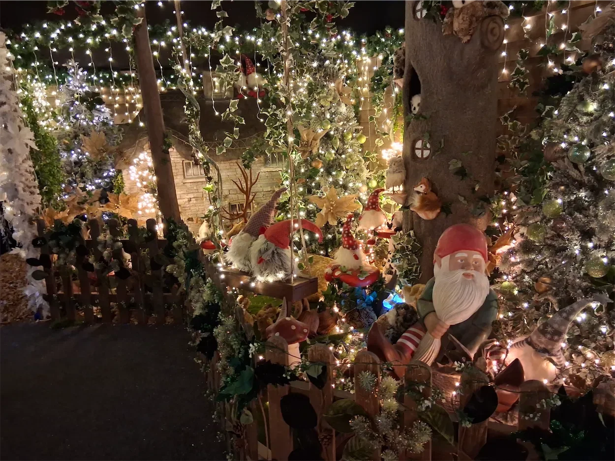 A view of the Santa set at Willow Activity Farm with numerous Xmas trees, toys, decorations and lights