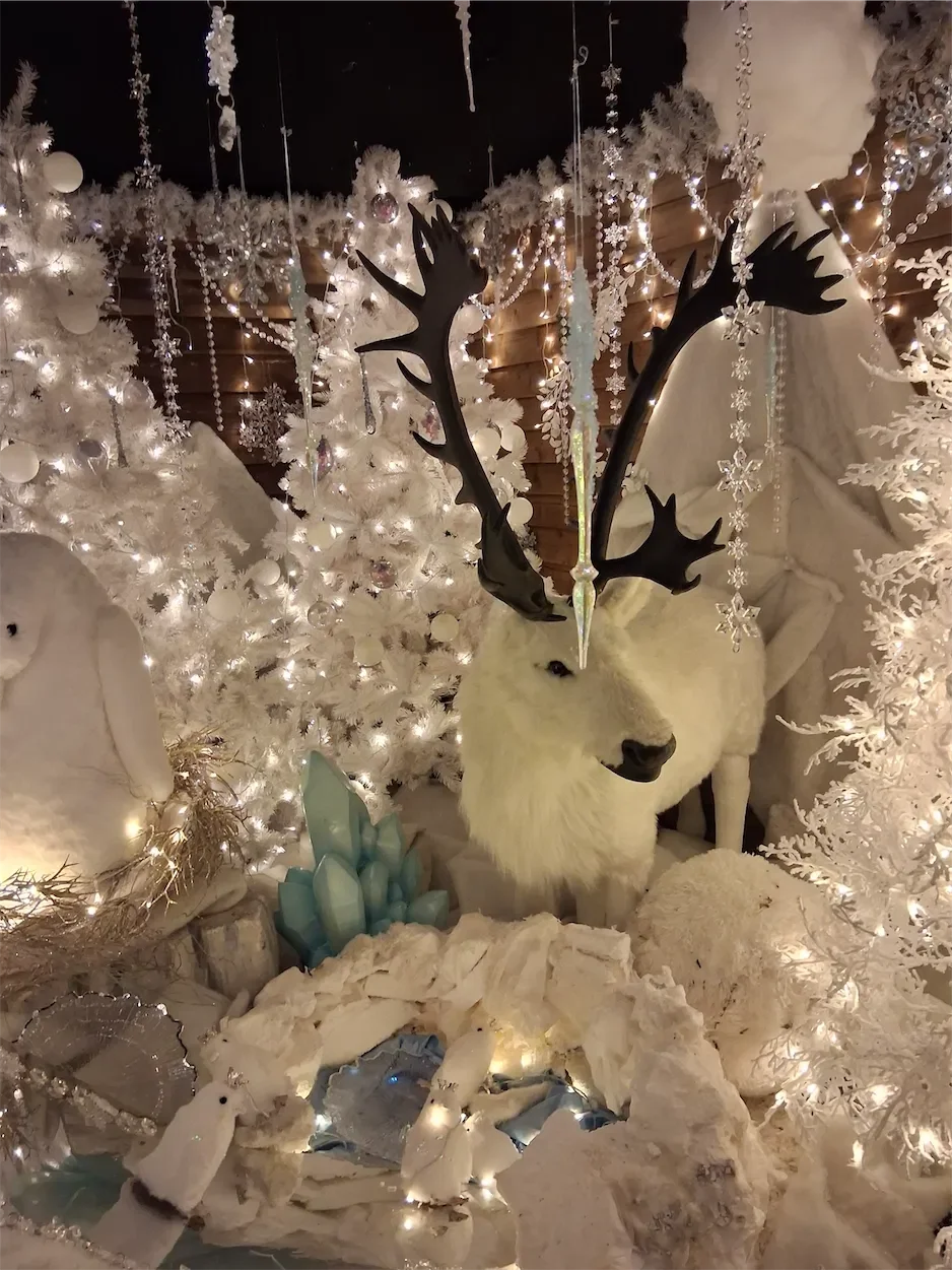 A view of the Santa set at Willow Activity Farm with numerous Xmas decorations and a white reindeer