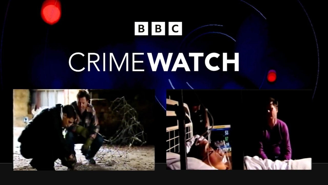 BBC Crime Watch logo with images of police and hospital scenes from the TV show featuring actor Ian Prosser.