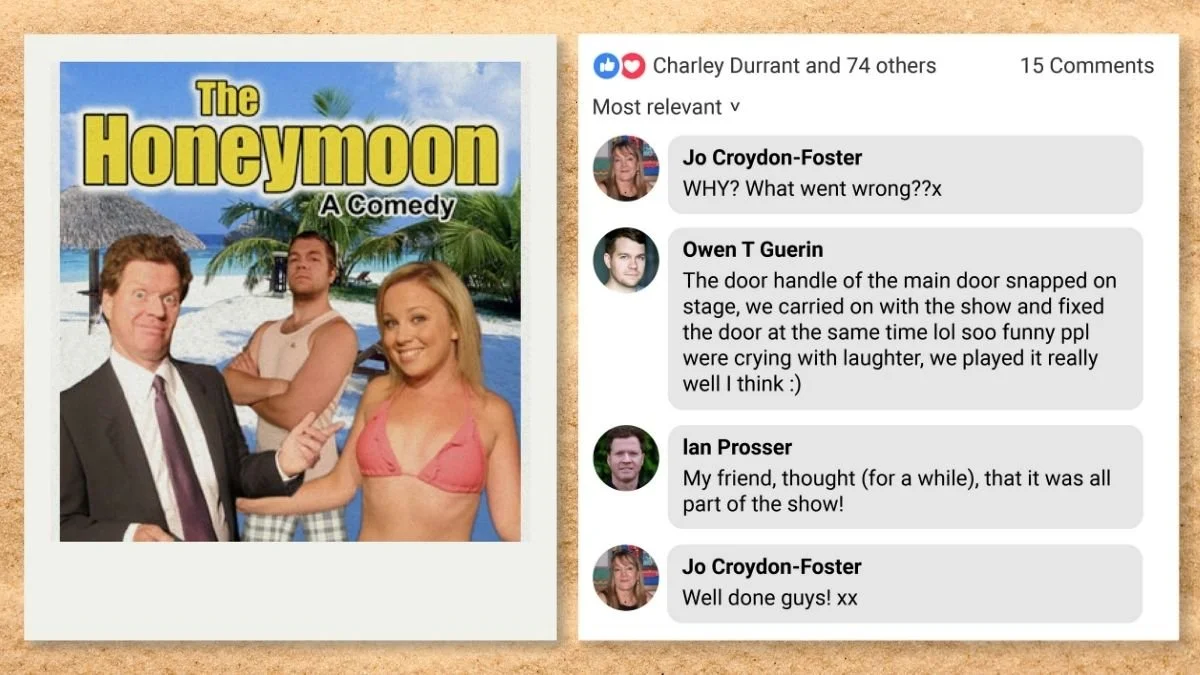 Poster for a stage comedy titled "The Honeymoon" featuring actor Ian Prosser and two of his co-stars