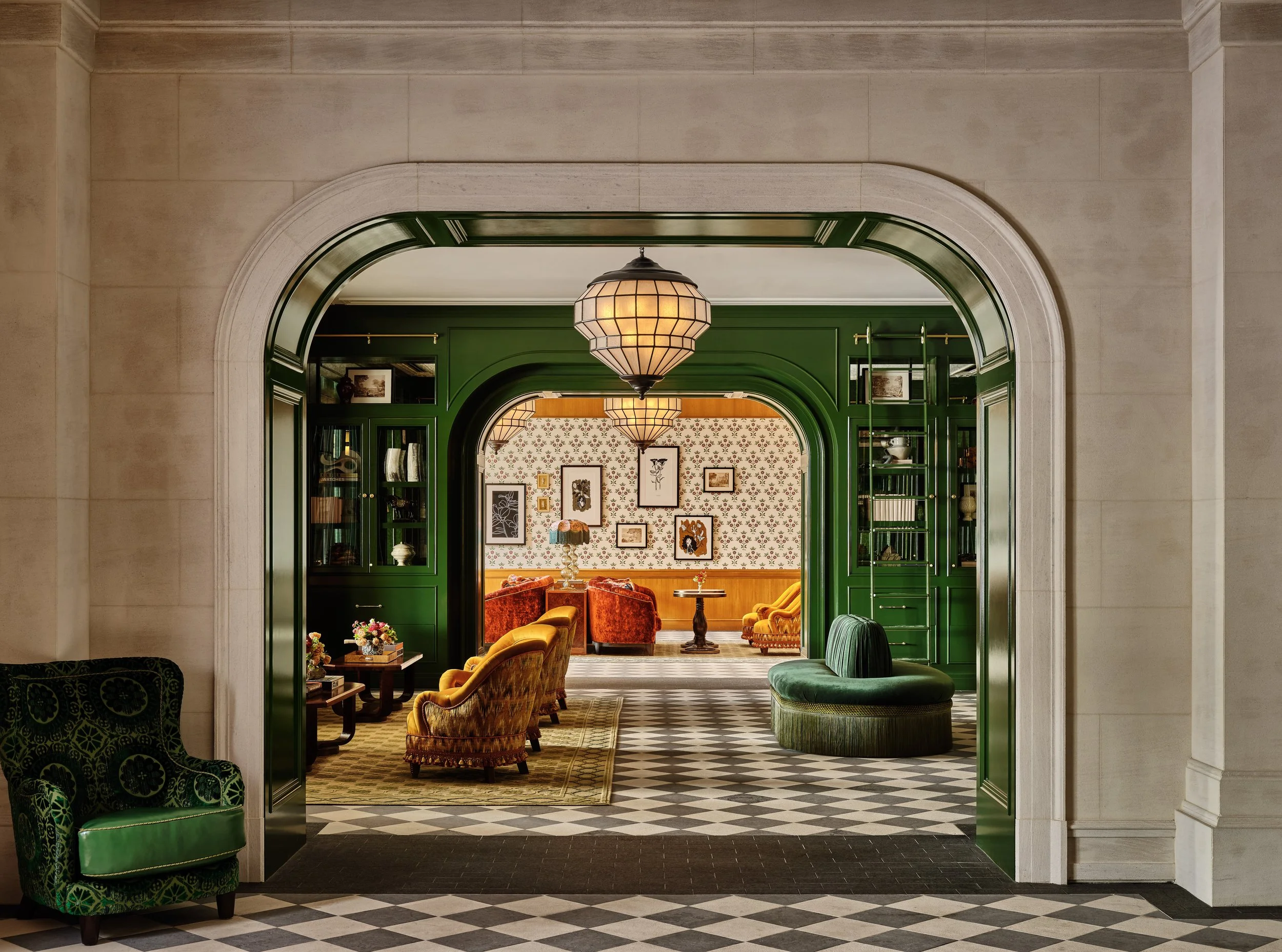 Checkerboard limestone flooring in the Four Seasons Boston lobby using Ottawa Platinum limestone