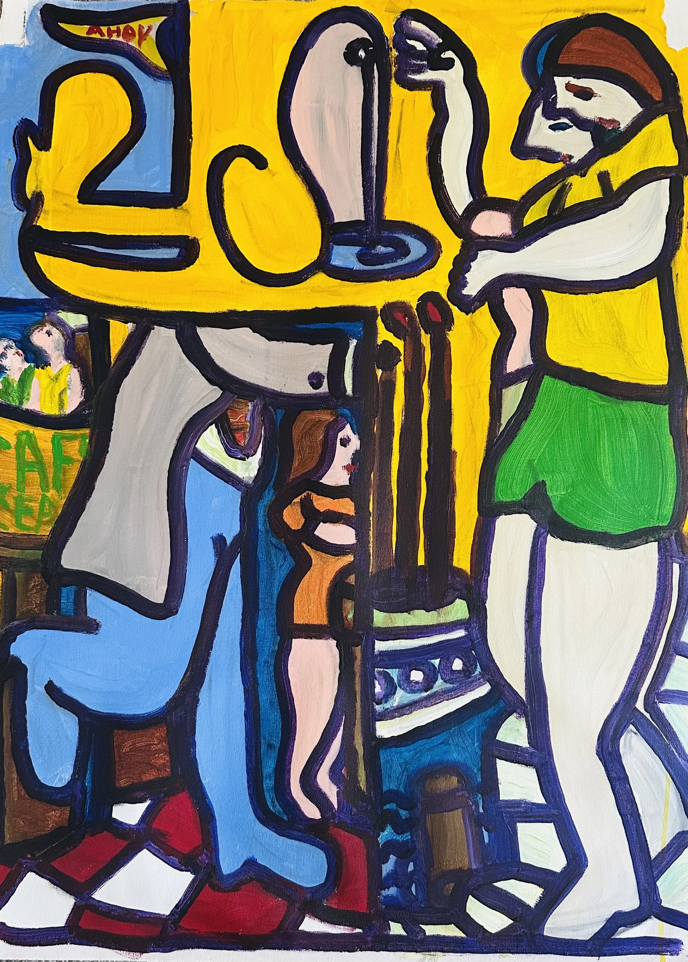 Colorful painting of people at a bar, with a woman in green shorts and a yellow top, a man in a white shirt and blue pants, and a child in black and orange, along with a yellow table, candles, and a soda bottle, in a vibrant, abstract style.
