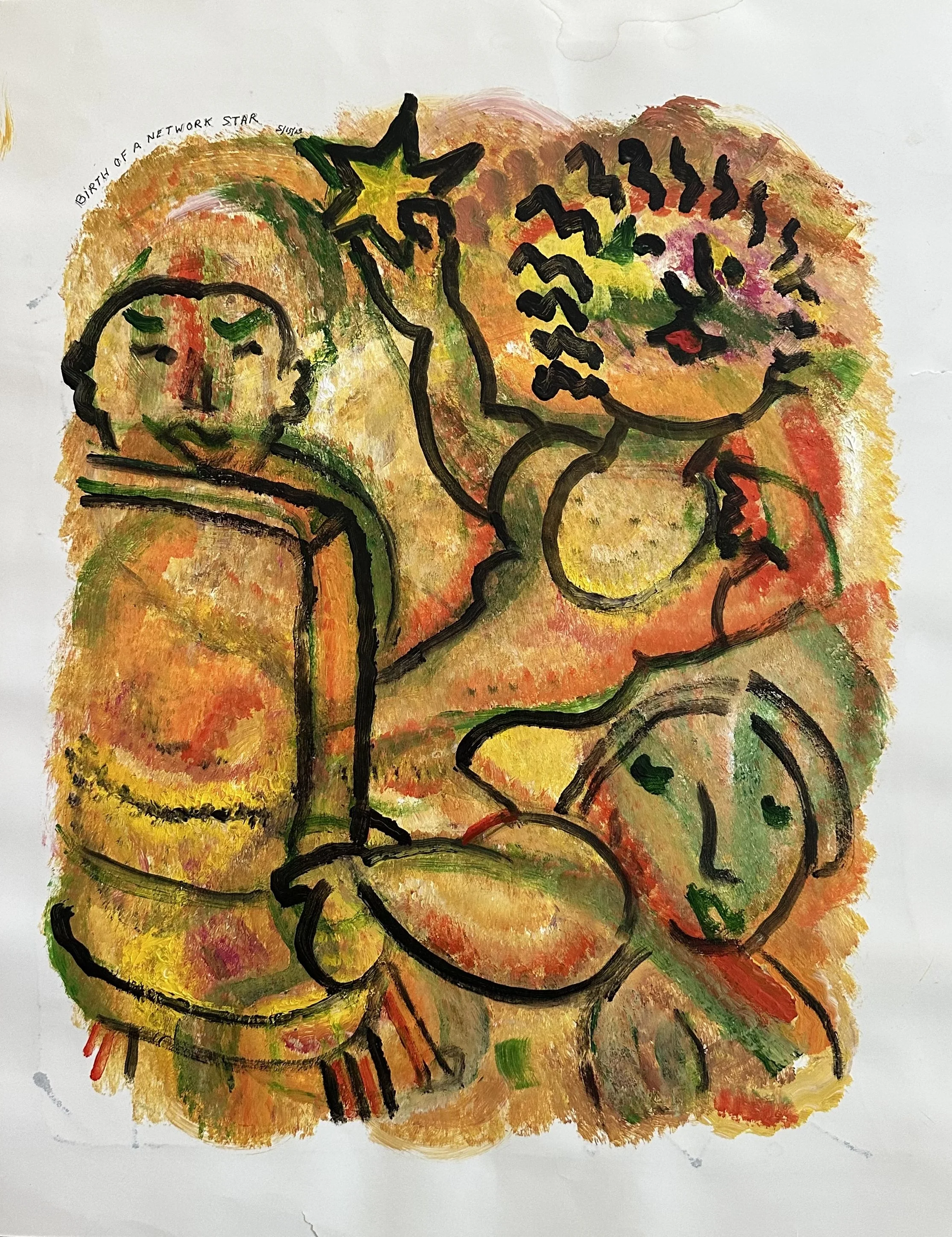 Abstract colorful painting featuring a stylized face with closed eyes, a bouquet of flowers, and a star, with graffiti-style black outlines and splashes of yellow, green, orange, red, and pink.