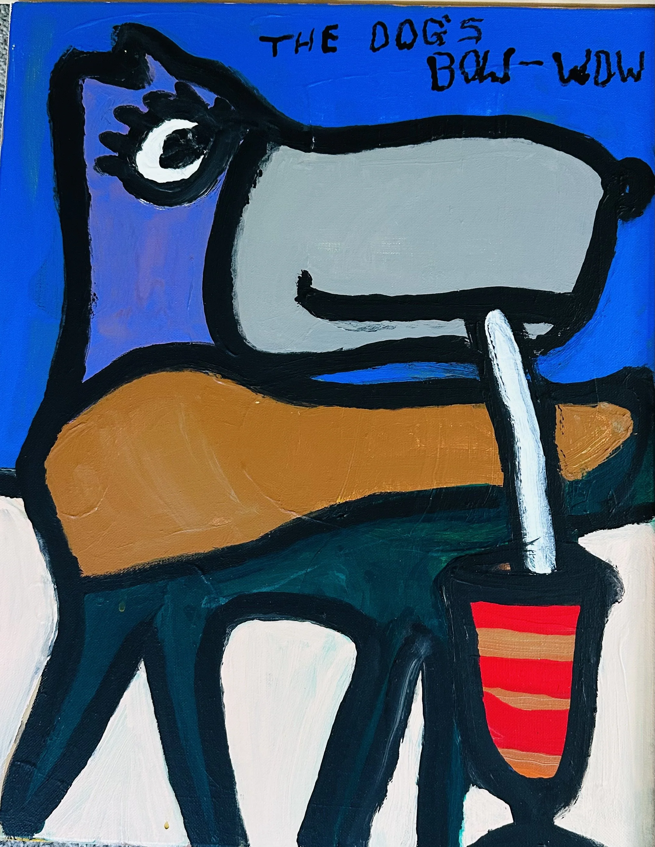 A colorful, abstract painting of a dog with a gray body, brown ears, and a black outline. The background is blue with the words "THE DOGS BOW-WOW" written in black. The dog is next to a red and brown striped cup.