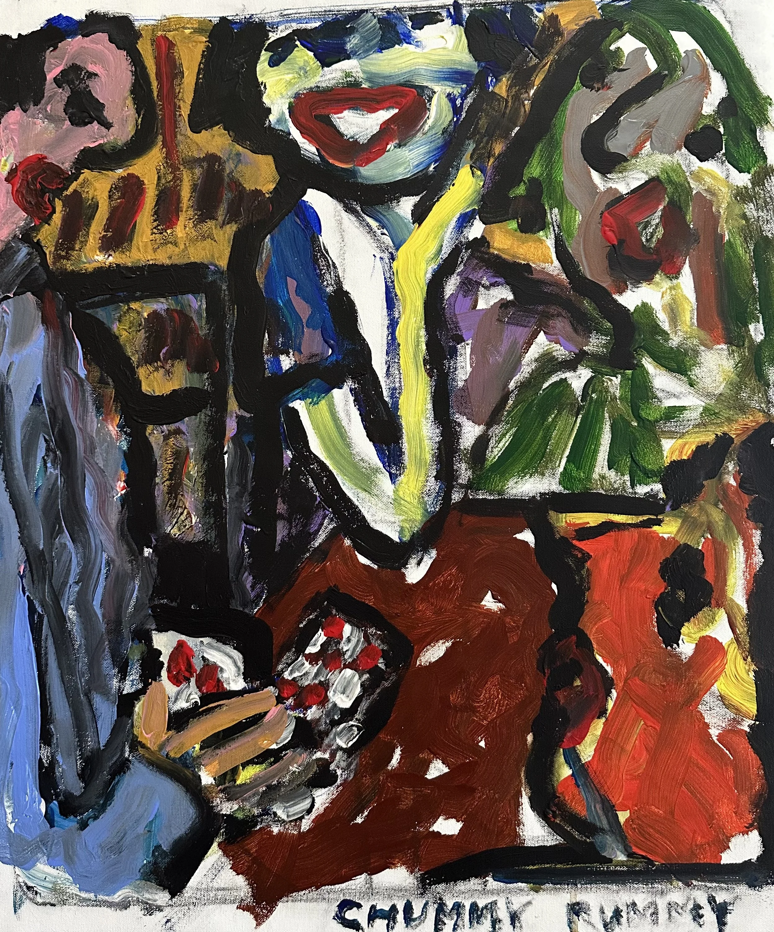 Abstract painting of a person in a suit holding a glass of red wine, with the name "Schumm Rumpey" written at the bottom.