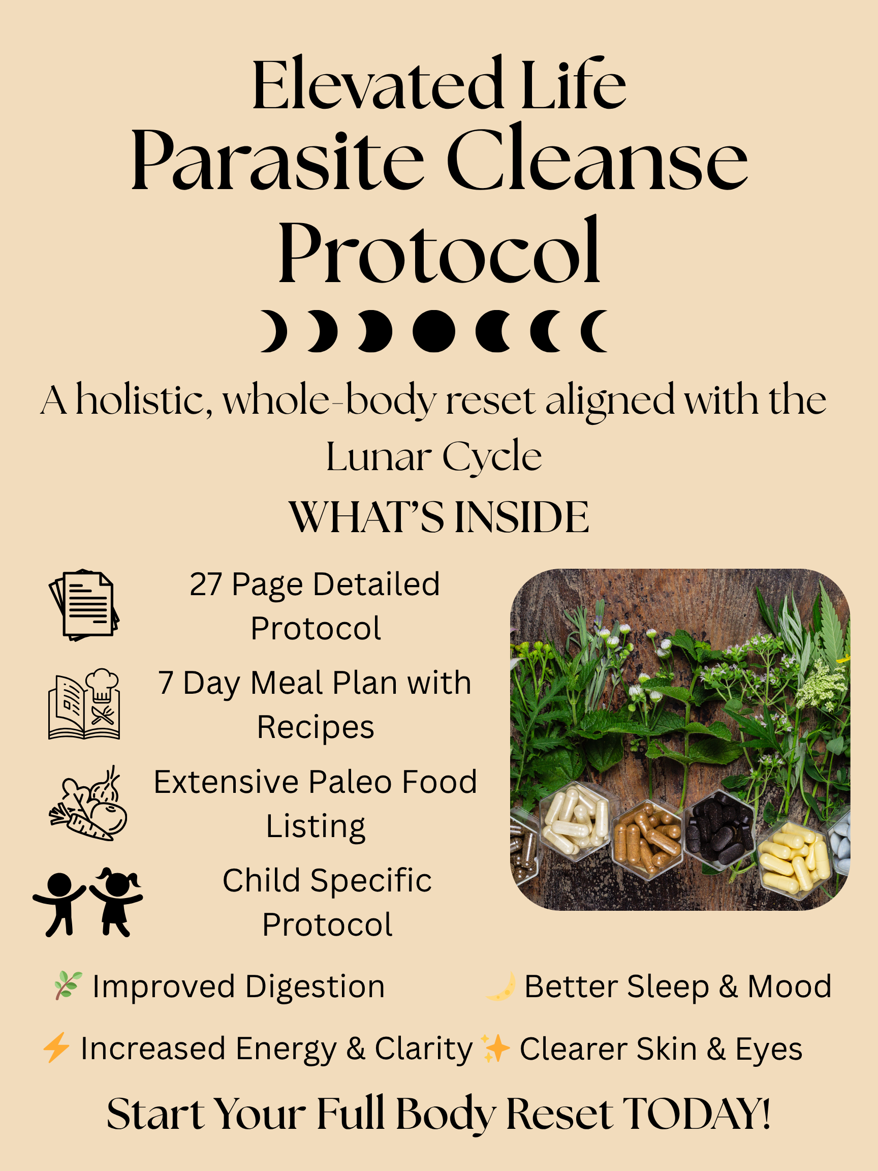 An advertisement for an 'Elevated Life Parasite Cleanse Protocol' with a size of 27 pages, offering a 7-day meal plan with recipes, extensive paleo food listing, and child-specific protocol. The offer promises benefits like improved digestion, better sleep and mood, increased energy and clarity, and clearer skin and eyes, with an emphasis on starting a full body reset today. The image also includes a picture of green plants, herbs, and capsule supplements.