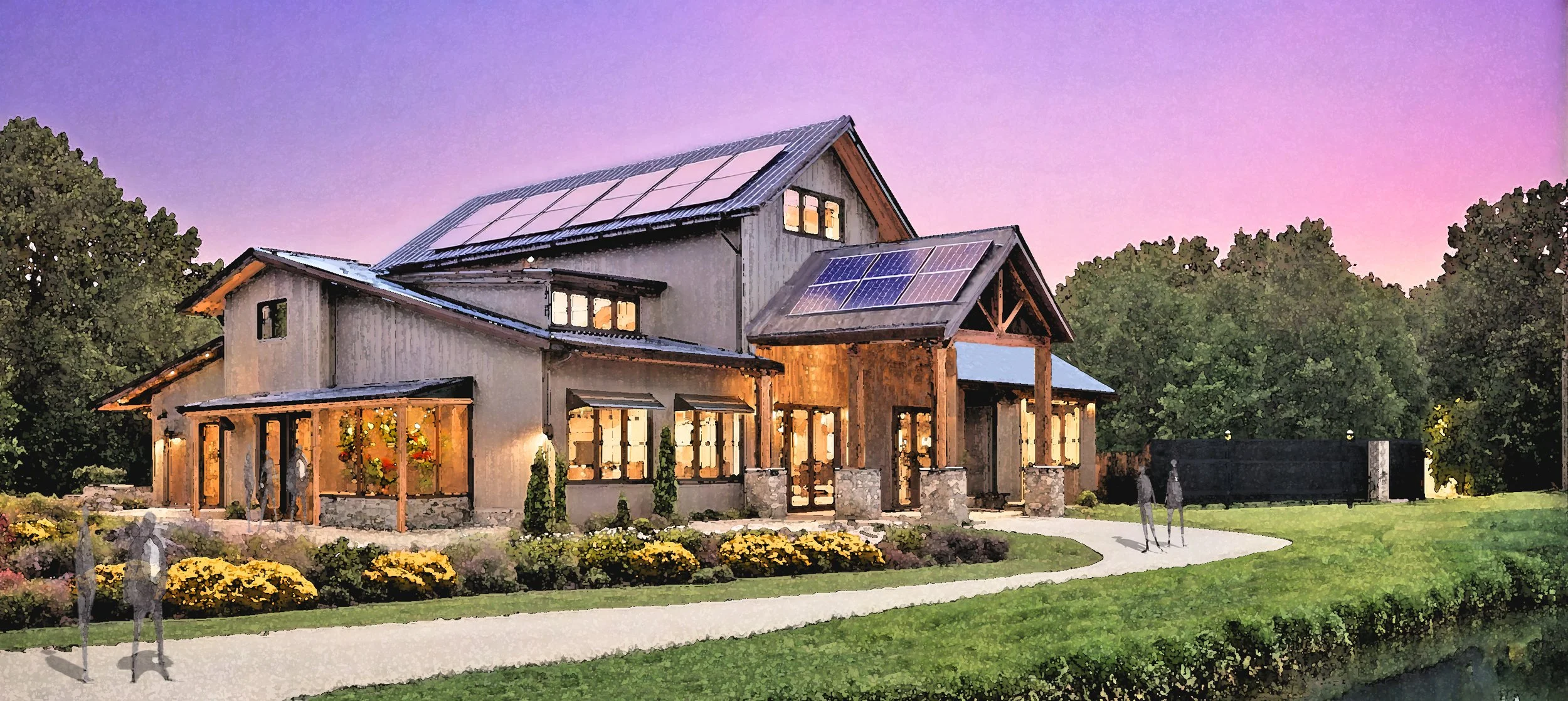 A modern house with solar panels on the roof, surrounded by a landscaped yard with flowers and trees, at dusk with a pink and purple sky.