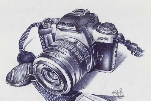 Drawing of a Pentax MX-50 film camera with a lens and a camera strap.