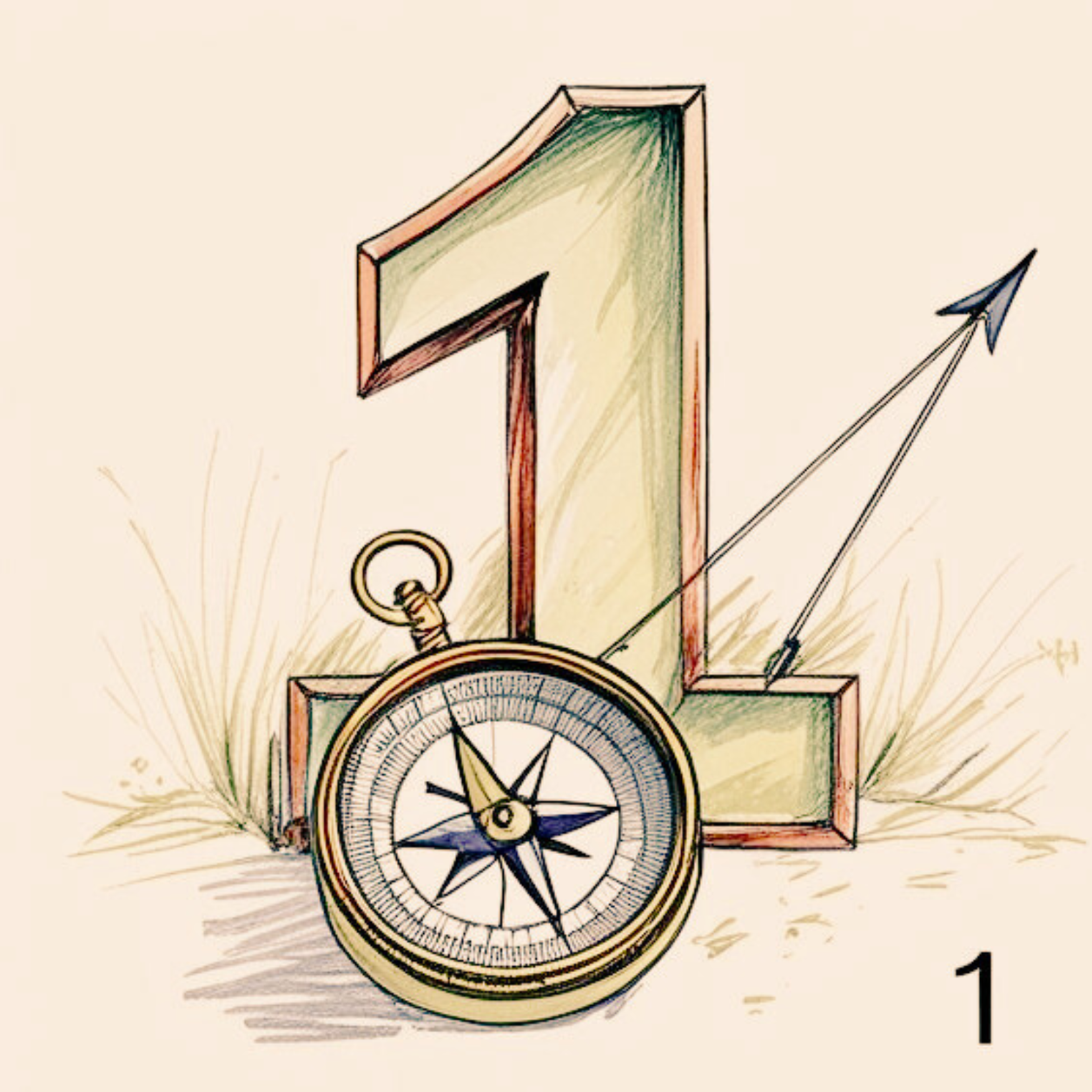 A large number 1 sculpture with a compass leaning against it and an arrow through the number. The background is beige with grass in the foreground.