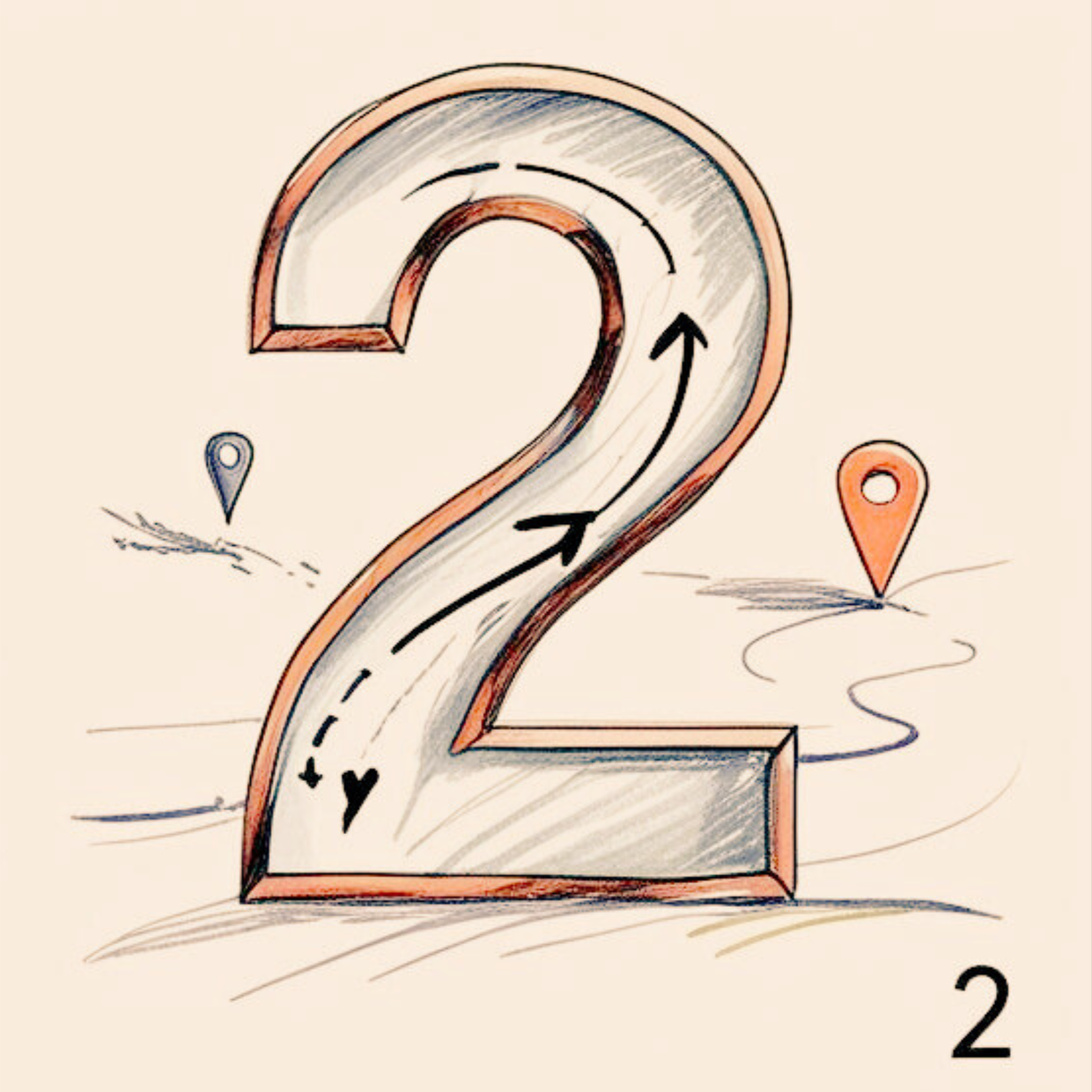 Sketch of a large number 2 with arrows showing a circular path around it. There are two location pins in the background, one on the left and one on the right.