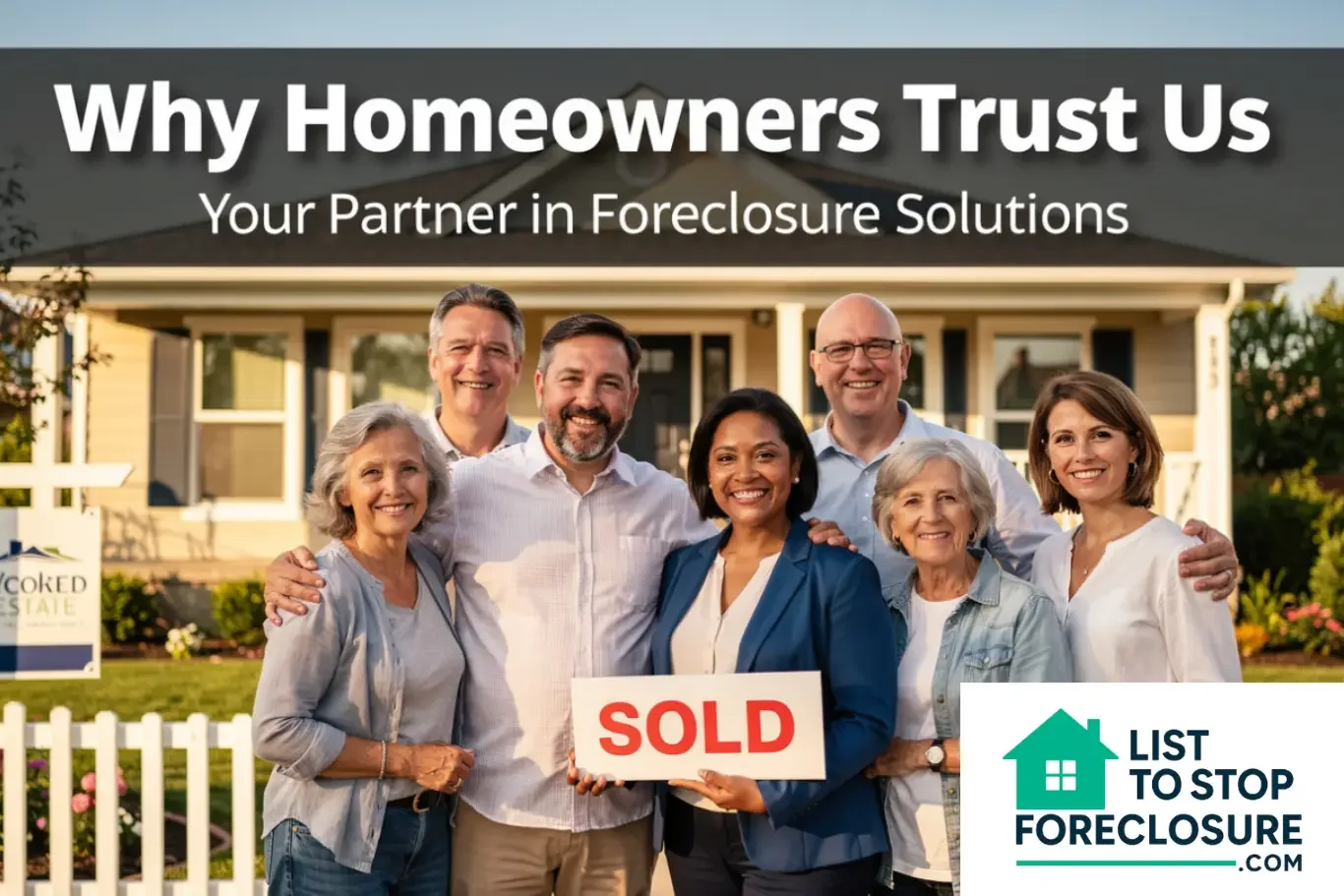 Group of smiling people standing in front of a house holding a 'SOLD' sign as part of a foreclosure solutions advertisement.