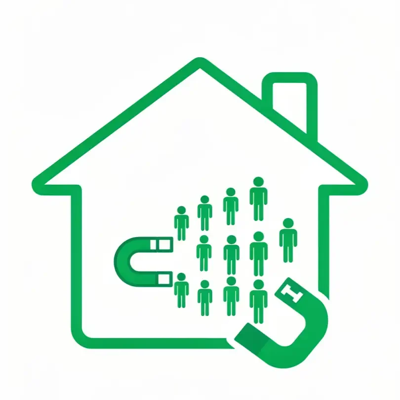 Outline of a house with multiple people's icons inside, with a magnet and a USB cable symbol, representing attracting or connecting people in a home.