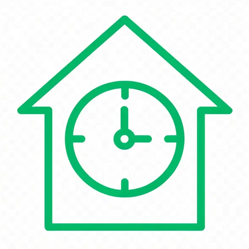 Green line drawing of a clock inside a house outline with a pointed roof.