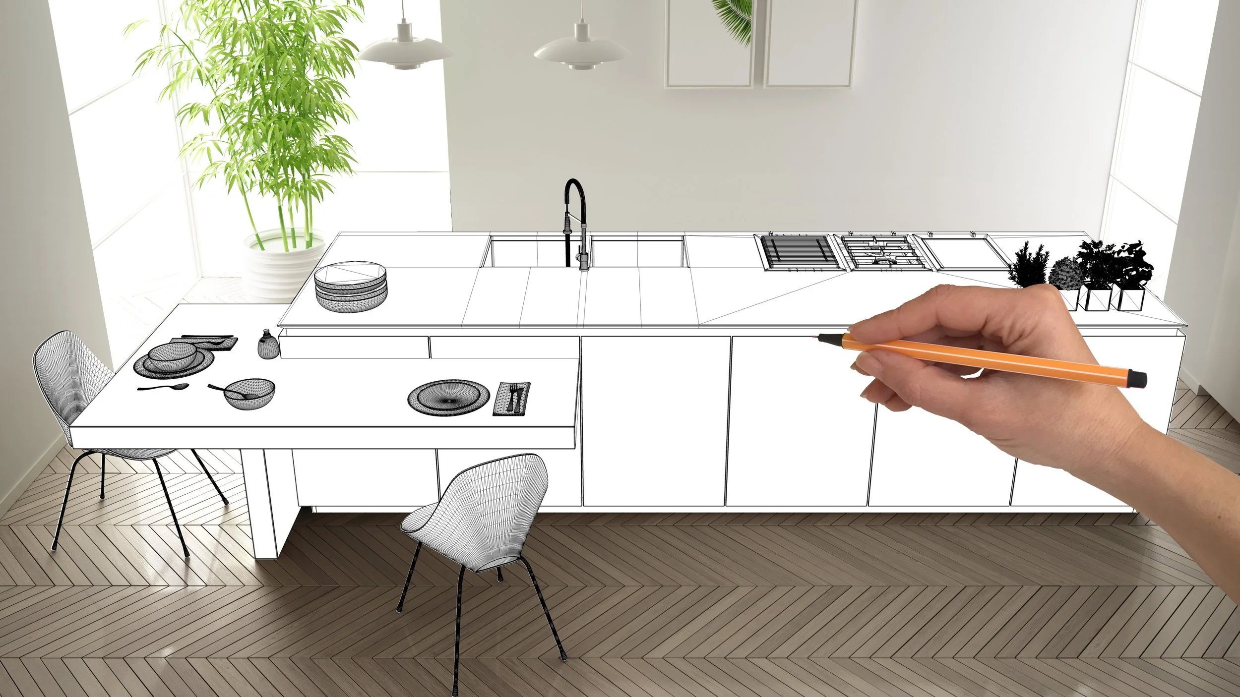 A photo showing a kitchen with a large island, a sink, and a dining table nearby. The image has a split view with the left side showing a realistic kitchen and the right side displaying a sketch of the same scene. Kemp Co. Home Services remodeling.