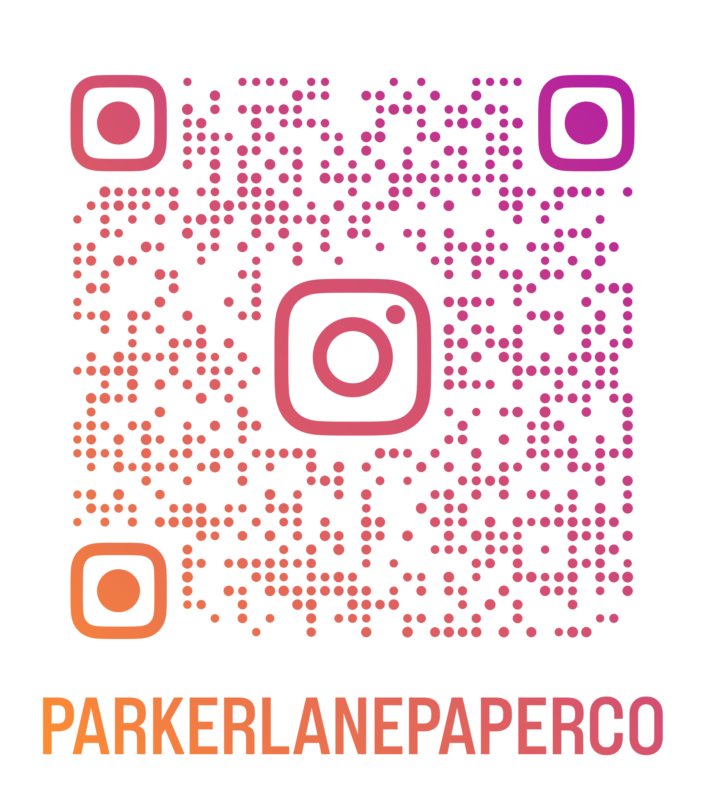 Colorful QR code with Instagram logos at the top left and right corners, and below it the text 'PARKERLANEPAPERCO' in orange gradient font.