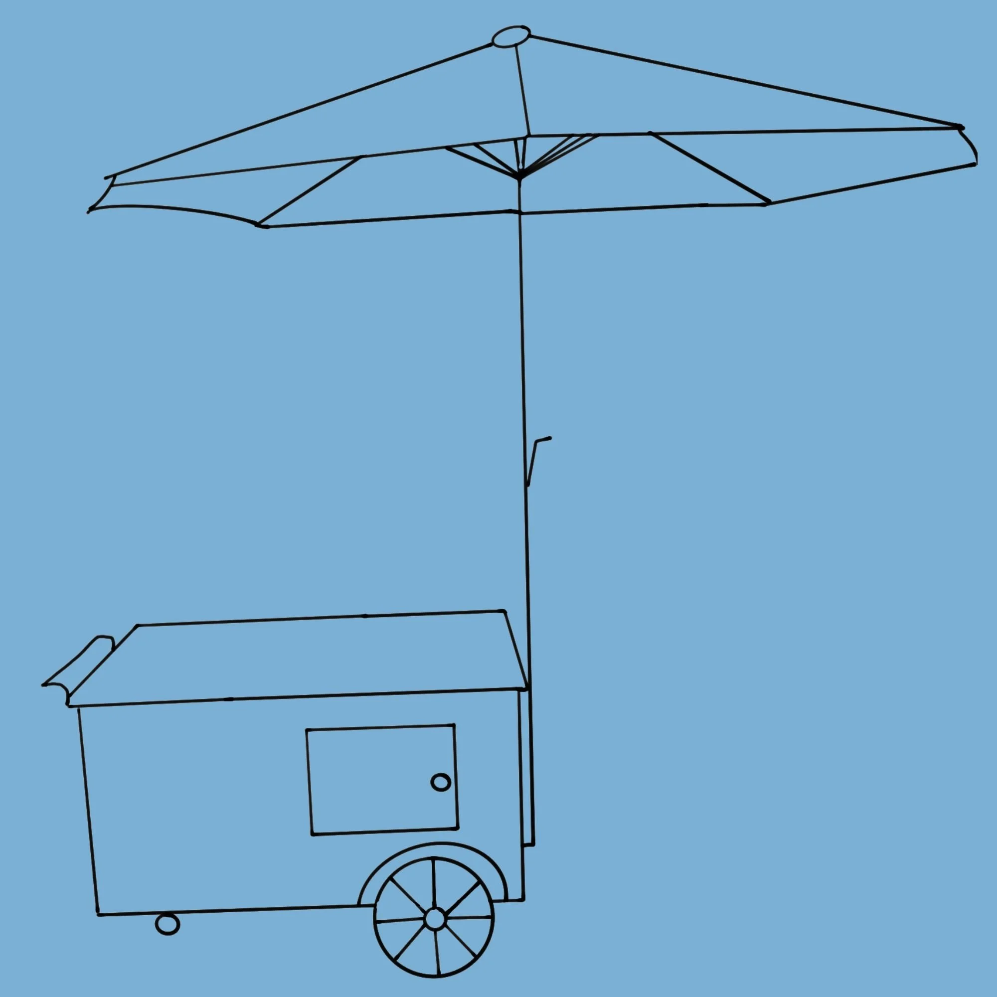 Line drawing of a mobile food cart with an attached large patio umbrella on a blue background.