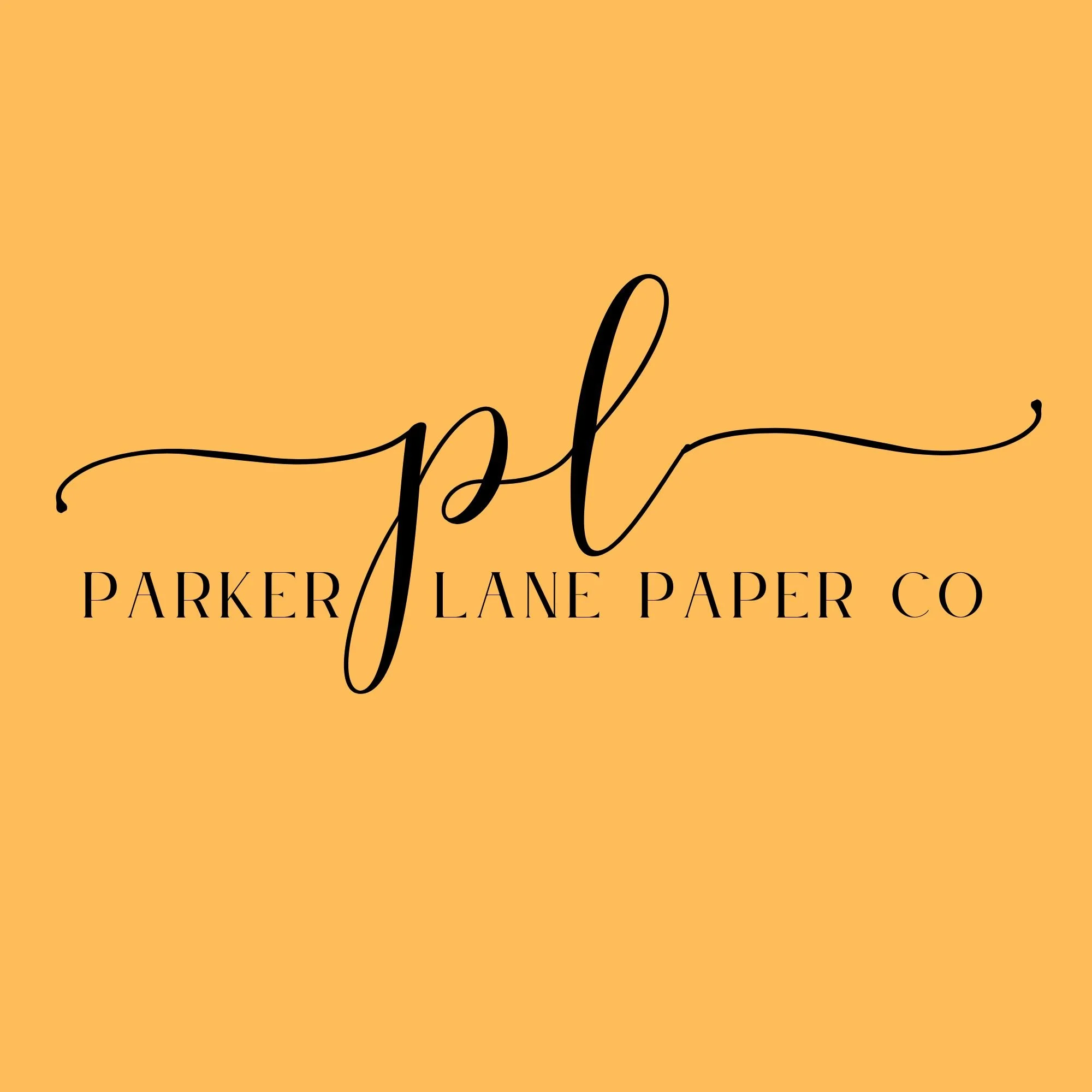 Logo of Parker Lane Paper Co with a yellow background, featuring black cursive 'pl' and the company name in black uppercase letters.
