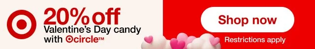 Target advertisement offering 20% off Valentine's Day candy with a 'Shop now' button and restrictions.