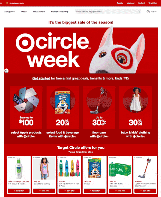 Target advertisement for 'Circle Week' sale with reduced prices on Apple products, food and beverages, floor care, and baby and kids' clothing, featuring a dog mascot with a red target symbol around its eye.