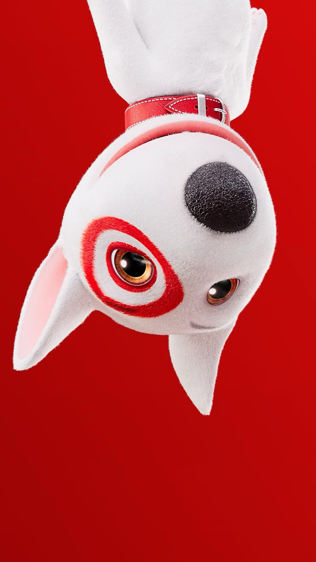A white plush dog with red target marks around its brown eyes, wearing a red collar, against a solid red background.