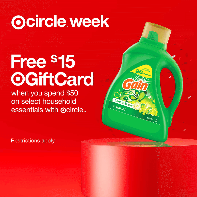 Red advertisement featuring a bottle of Gain original laundry detergent and promoting a free $15 Target gift card when spending $50 on household essentials with Target week.