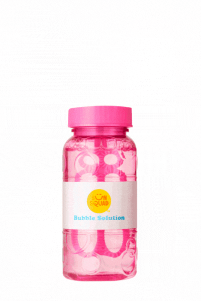 Pink plastic bottle labeled 'Sun Squad Bubble Solution' with a pink screw-on cap