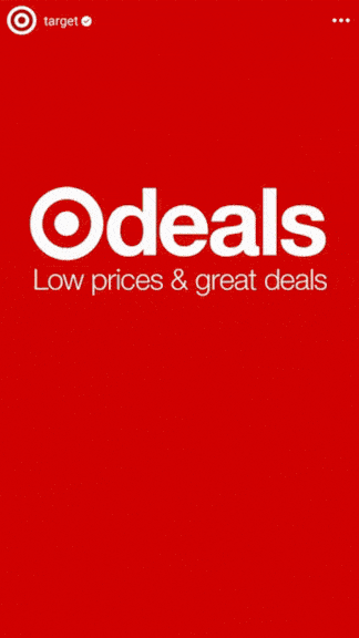 Target mobile app screen displaying a promotion for deals with the Target logo, saying 'Deals' and 'Low prices & great deals' on a red background.