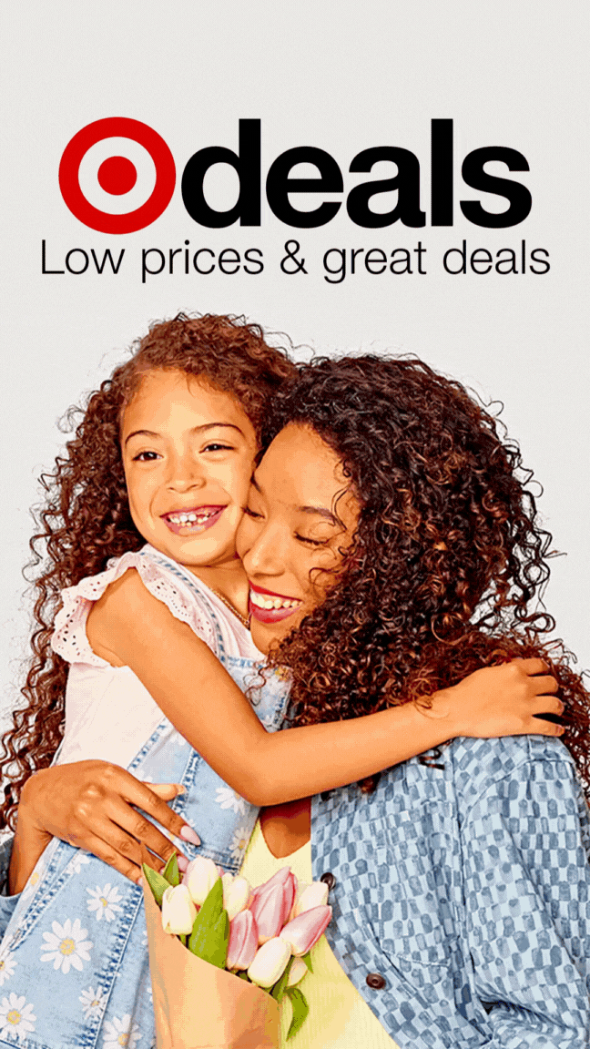Target logo with the words 'Low prices & great deals' and a woman hugging a smiling young girl holding a bouquet of tulips.