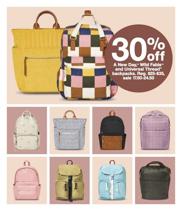 Advertisement for backpacks featuring a 30% discount on select styles, including colorful, patterned, and solid-colored options.