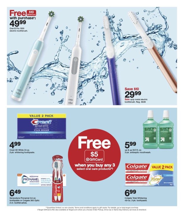 Advertisement featuring electric toothbrushes, toothpaste, mouthwash, and dental care products with promotion details and prices.