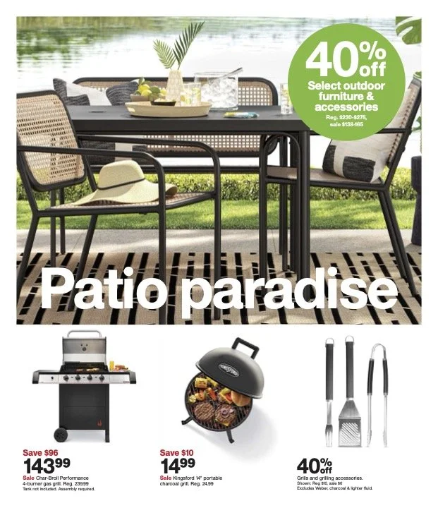 Outdoor patio furniture set with a table and chairs by a pond, promotional sale for outdoor furniture and accessories, including a grill, portable charcoal grill, and grilling tools with discounts.
